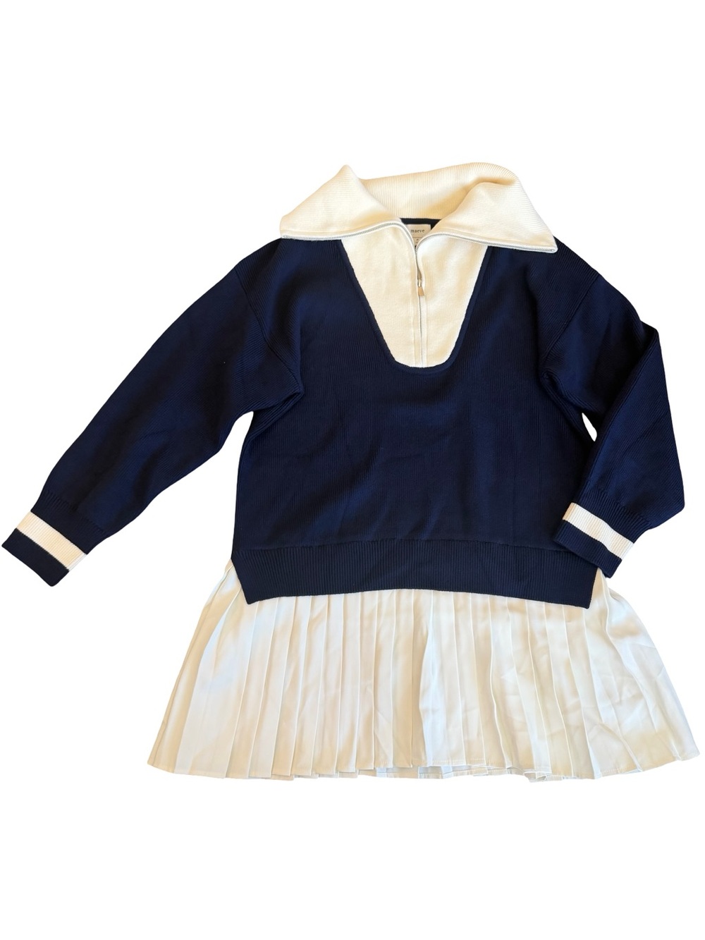 Maeve Varsity Sweater Twofer Navy White Pleated Dress Twofer Mini Medium Women's